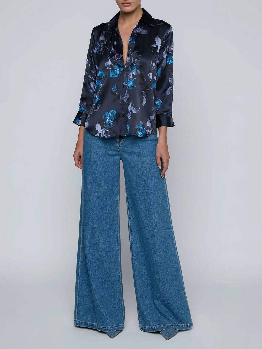 NEW L'AGENCE dani three quarter sleeve blouse in midnight multi moon floral